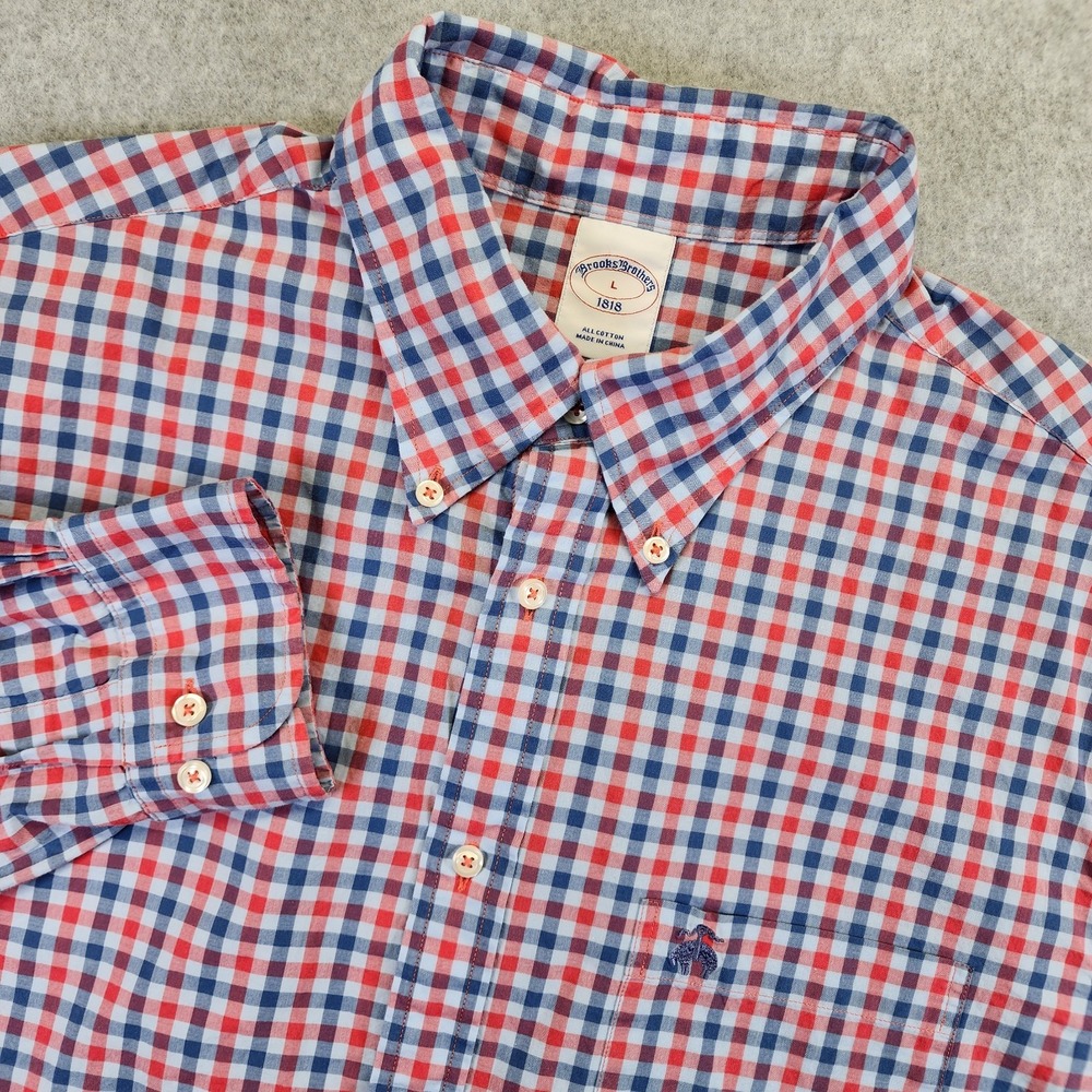 Brooks Brothers Mens L Gingham Check Blue Red Plaid Long Sleeve Button Shirt